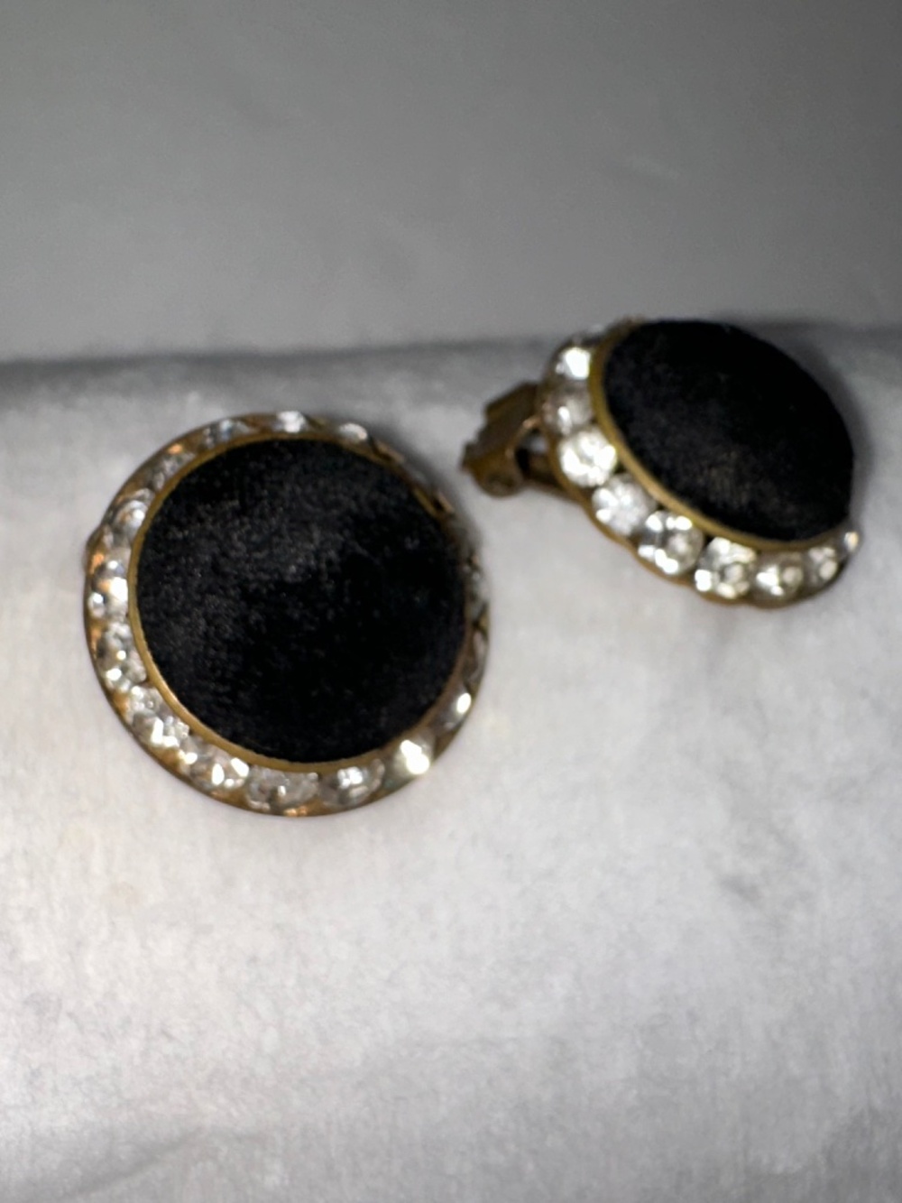 Vintage Estate Black Velvet MCM Button Clip Earrings with Rhinestones